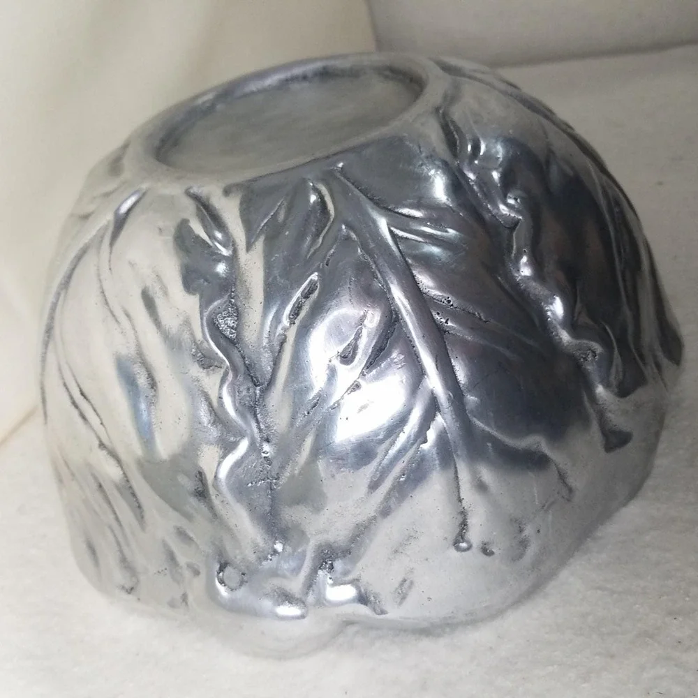 Large Pewter Embossed Bowl Cabbage Lettuce‎ Leaf  Polished Heavy 11